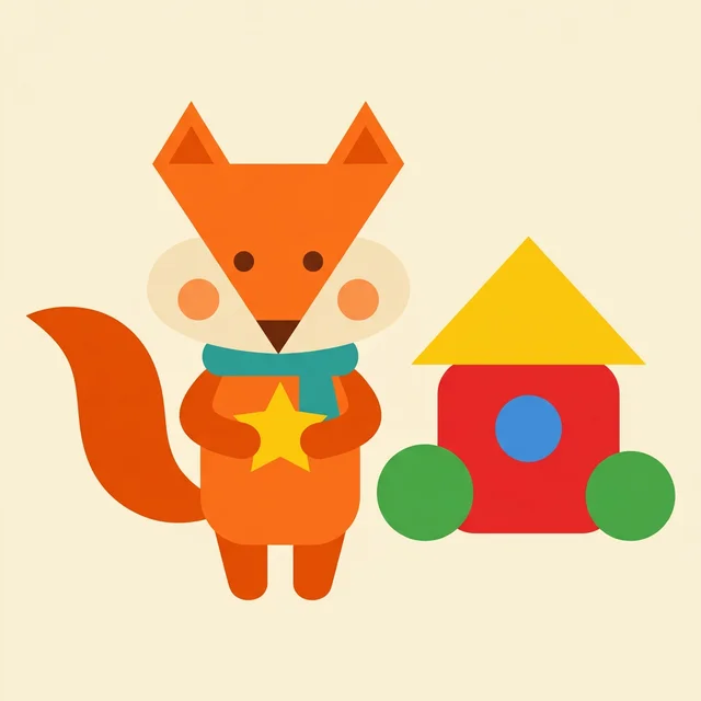 Example, made with AI: a fox made of triangles and circles holds a star beside a red block house, shown in the Bright Shapes look: simple shapes and bold colors.