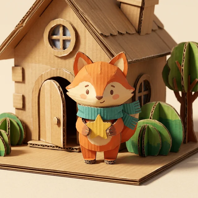 Example, made with AI: a fox with a teal scarf holds a star in front of a little house, shown in the Cardboard World look: folded cardboard figures.