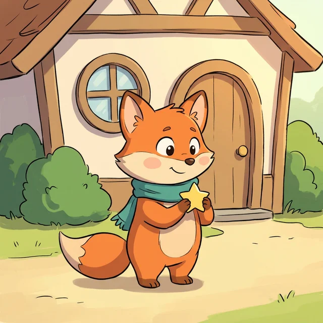 Example, made with AI: a fox with a teal scarf holds a star outside a small house, drawn in the Drawn Cartoon look: clear outlines and flat bright colors.