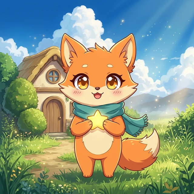 Example, made with AI: a fox with big shining eyes and a teal scarf holds a star in a sunny meadow, drawn in the Anime look.