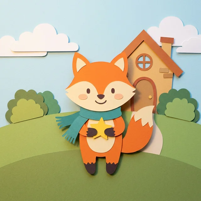 Example, made with AI: a fox with a teal scarf holds a star on a green hill by a small house, shown in the Paper Story look: layers of cut colored paper.