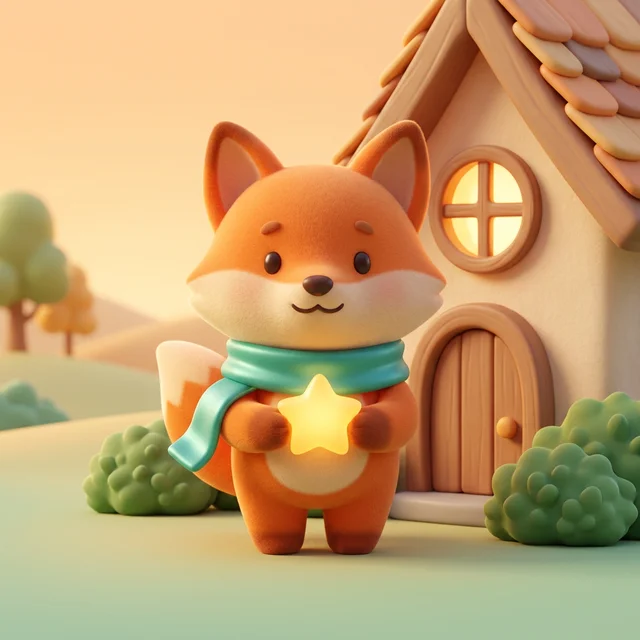 Example, made with AI: a fox with a teal scarf holds a glowing star outside a small house, drawn in the Soft 3D look: soft light and rounded shapes.