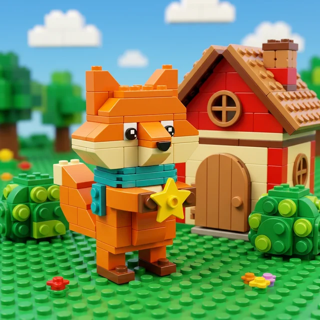 Example, made with AI: a fox with a teal scarf holds a star beside a red house, shown in the Toy Blocks look: everything built from snap-together plastic blocks.