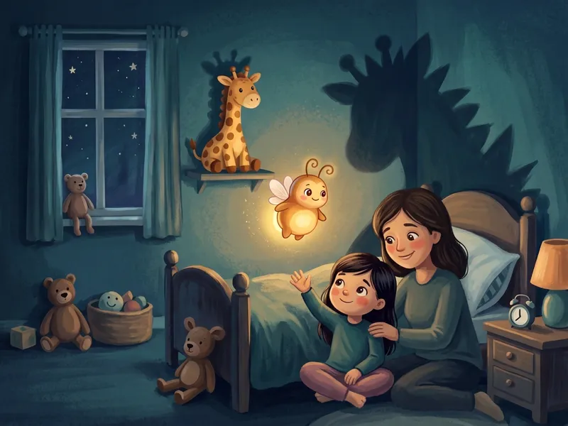 Illustration, made with AI: a girl sits on the floor beside her mom and looks up at a big shadow on the wall while Zubby glows beside them.