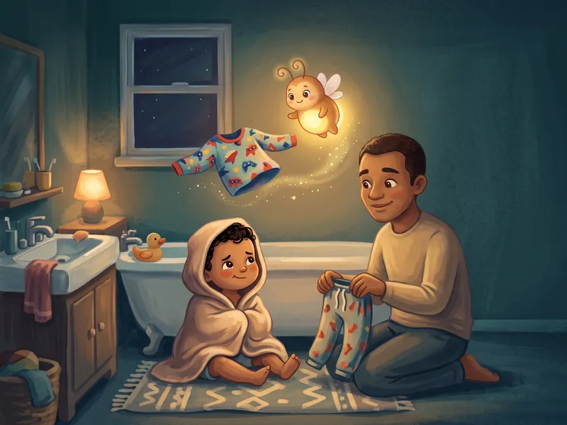 Illustration, made with AI: a child in a hooded towel sits by the bathtub while a grown-up holds out pajamas and Zubby glows above them.