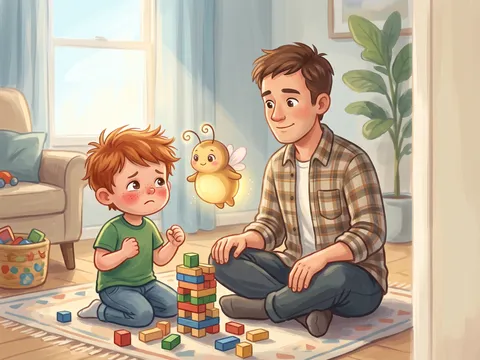 Illustration, made with AI: a boy with a sad face sits beside a tower of blocks and his dad sits close while Zubby floats beside them.