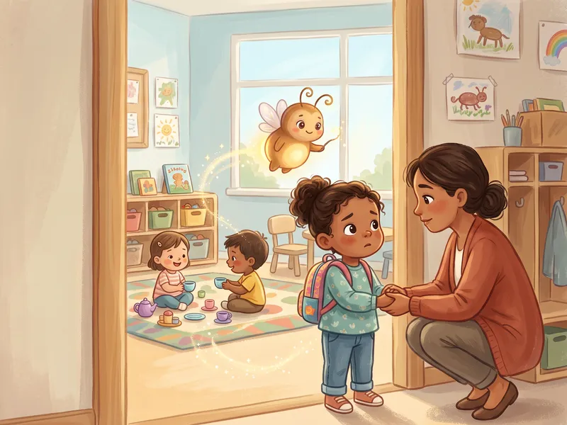 Illustration, made with AI: a little girl with a backpack holds a grown-up's hands at a classroom door while Zubby floats nearby.