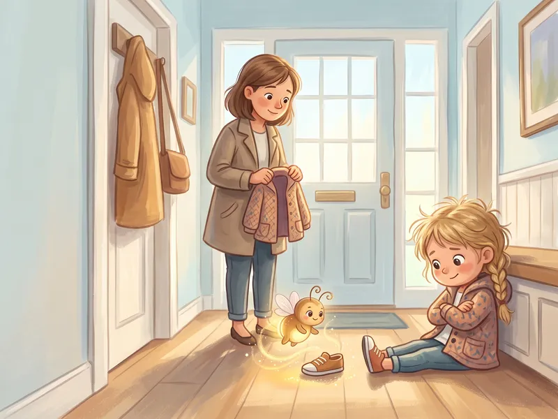 Illustration, made with AI: a girl sits by the front door with her arms folded while her mom holds up a coat and Zubby hovers by a shoe.
