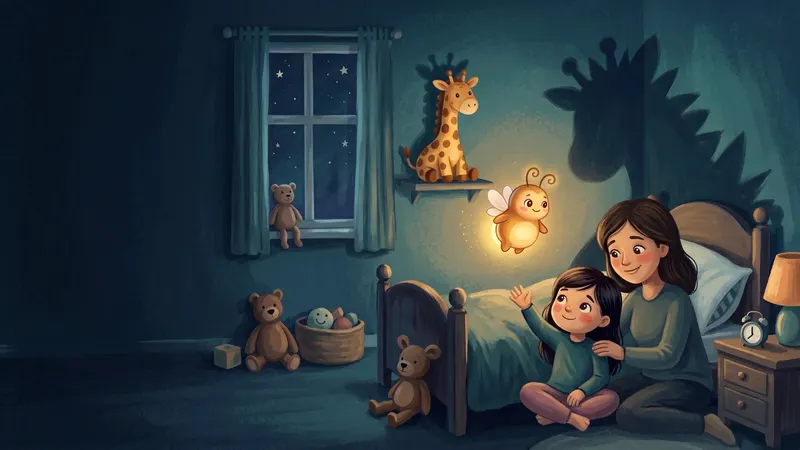 Illustration, made with AI: a girl sits on the floor beside her mom and looks up at a big shadow on the wall while Zubby glows beside them.