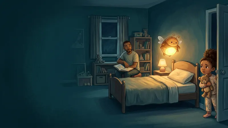 Illustration, made with AI: a girl with a stuffed bear stands in the doorway of her lamplit room while her dad sits in a chair with an open book, and a glowing firefly lights the spot by the pillow where the bear could go.