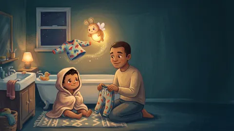 Illustration, made with AI: a child in a hooded towel sits by the bathtub while a grown-up holds out pajamas and Zubby glows above them.