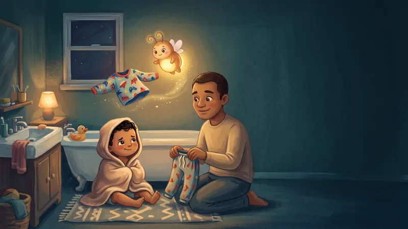 Illustration, made with AI: a child in a hooded towel sits by the bathtub while a grown-up holds out pajamas and Zubby glows above them.