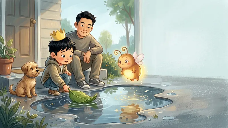 Illustration, made with AI: a boy in a paper party crown sets a green leaf on a puddle like a sail while his dad sits beside him on the step, a small dog watches, and a glowing firefly makes golden ripples on the water.