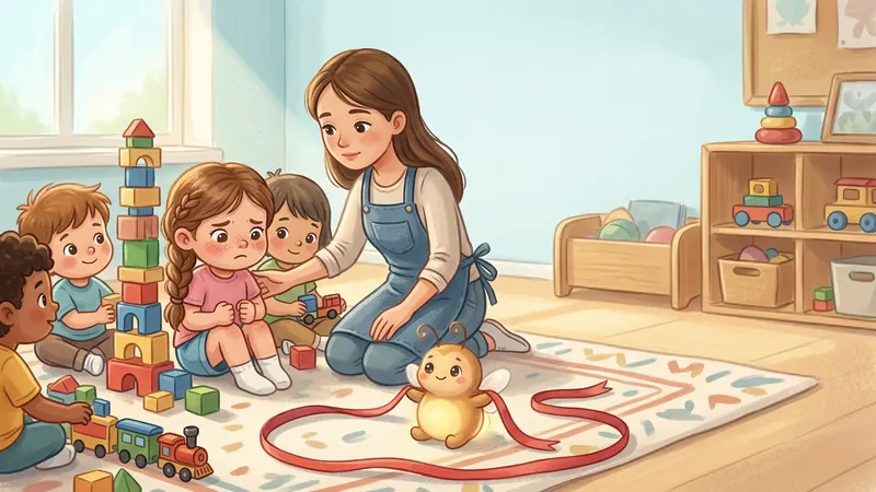 Illustration, made with AI: a girl sits squeezed between two friends and a block house on a preschool rug while her teacher makes room beside her, and a glowing firefly sits inside a ribbon ring showing a little circle of space.