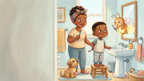 Illustration, made with AI: a boy on a step stool at the sink hides his toothbrush behind his back while his mom waits beside him, a small dog sits on the bath mat, and a glowing firefly holds a tiny toothbrush like a microphone.