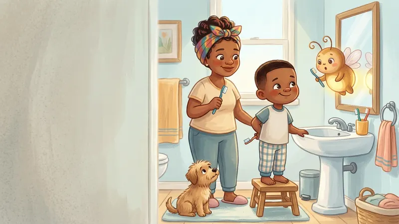 Illustration, made with AI: a boy on a step stool at the sink hides his toothbrush behind his back while his mom waits beside him, a small dog sits on the bath mat, and a glowing firefly holds a tiny toothbrush like a microphone.