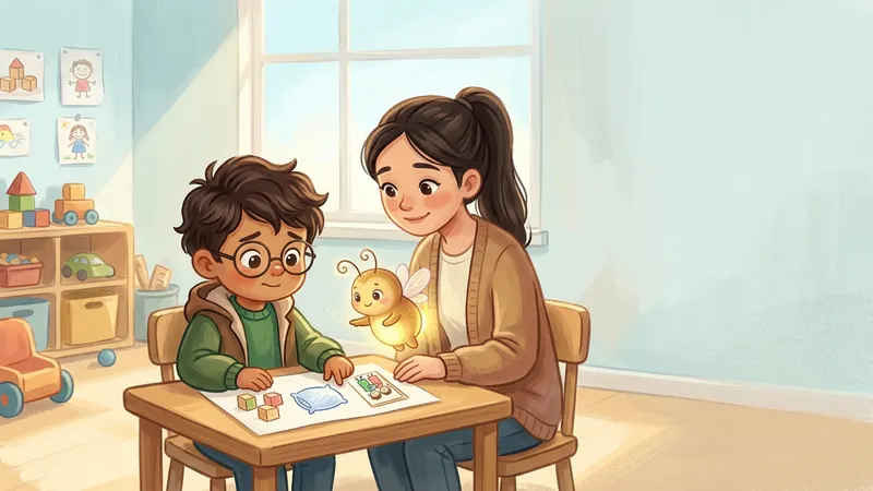Illustration, made with AI: a boy at a preschool table traces the last of three crayon pictures while his teacher sits beside him, and a glowing firefly points to the third picture.
