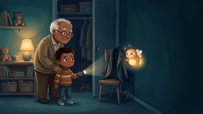 Illustration, made with AI: a boy and his grandfather in a lamplit room, a flashlight beam showing that the shape in the corner is a coat, with a small glowing firefly beside them.