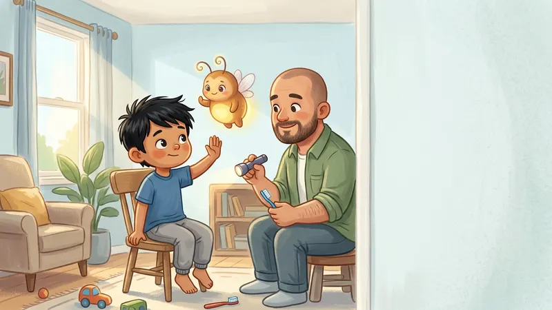 Illustration, made with AI: a boy raises his hand for a pause while his dad plays dentist with a flashlight and a toothbrush, and a small glowing firefly raises one arm too.