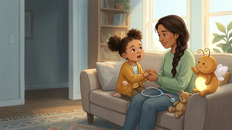 Illustration, made with AI: a girl on a sofa practices a question for the doctor, holding her mom's hand, while a small glowing firefly raises one arm beside her.