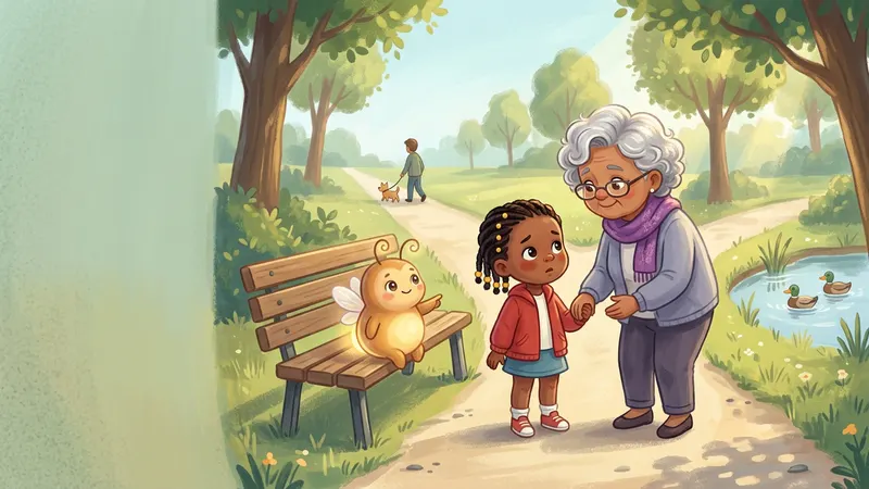 Illustration, made with AI: a girl and her grandmother pause on a park path while a small dog walks far away, and a glowing firefly points toward a quiet pond.