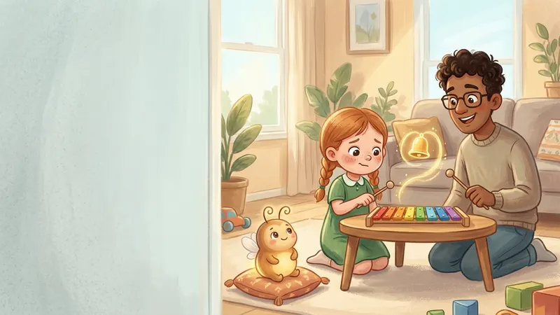Illustration, made with AI: a girl and her dad kneel by a small xylophone, each holding a mallet over one bar, while a glowing firefly leaves a trail in the air that curls into a little bell.