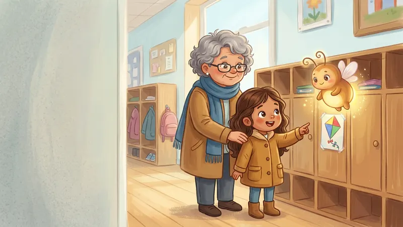 Illustration, made with AI: a girl points at her cubby in a long row of wooden cubbies, a hand-made paper kite taped to its door, while her grandma smiles behind her and a glowing firefly lights the kite.