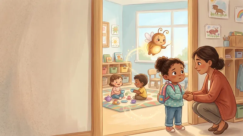 Illustration, made with AI: a little girl with a backpack holds a grown-up's hands at a classroom door while Zubby floats nearby.