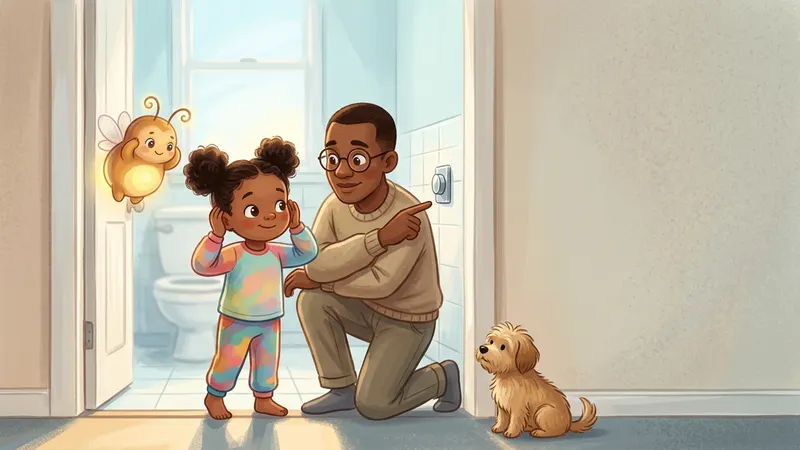 Illustration, made with AI: a girl stands one step back from a bathroom door with her hands near her ears while her dad kneels and points to the flush button, a small dog waits in the hall, and a glowing firefly peeks out from behind its own hands.