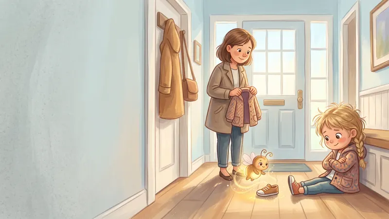 Illustration, made with AI: a girl sits by the front door with her arms folded while her mom holds up a coat and Zubby hovers by a shoe.