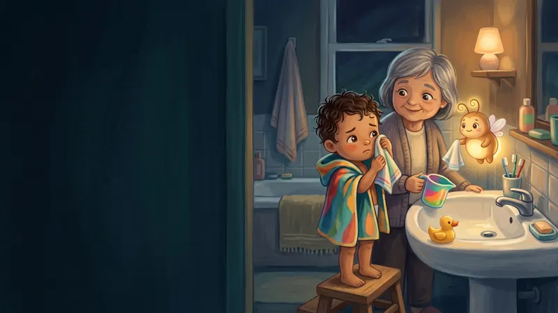 Illustration, made with AI: a boy in a hooded towel wipes his eyes at the bathroom sink while his grandma puts the jug down beside him, and a glowing firefly holds out a dry towel corner next to a rubber duck.