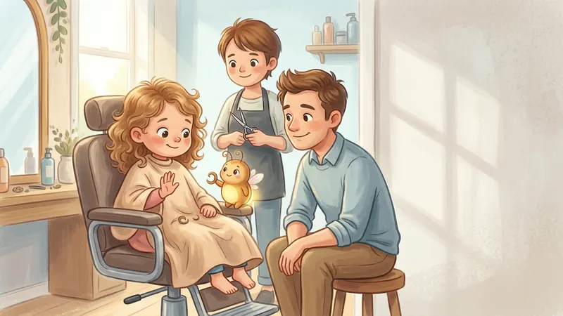 Illustration, made with AI: a girl in a hairdresser's chair raises one hand for a pause while her dad sits beside her and the hairdresser waits with the scissors lowered, and a glowing firefly holds up a tiny clipped curl.