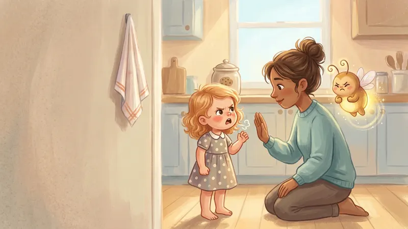 Illustration, made with AI: a girl with a scrunched face lifts one hand halfway while her mom kneels at her eye level with an open palm, and a glowing firefly presses its fists to its belly to show what angry feels like.