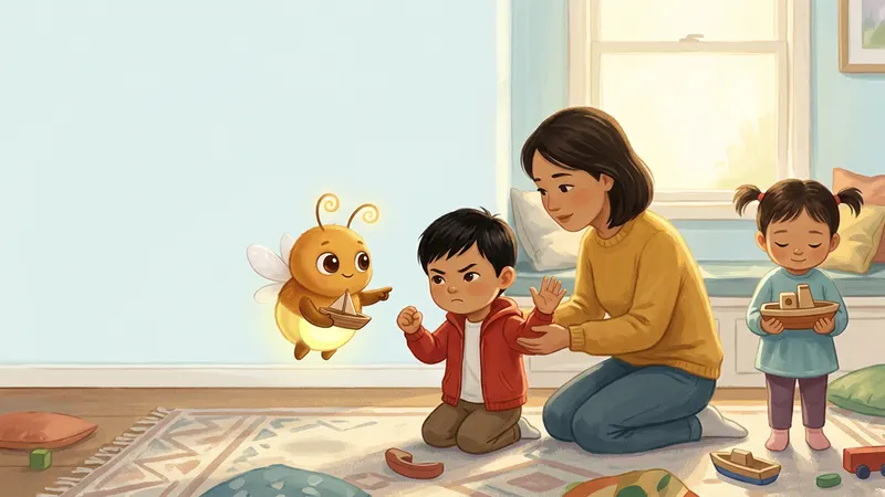 Illustration, made with AI: a boy kneels on a rug with his small fist drawn back while his mom gently holds his raised hand, a girl with a wooden boat stands calmly nearby, and a glowing firefly holds a tiny boat against its belly.