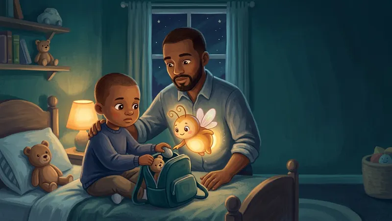 Illustration, made with AI: a boy and his dad sit on a bed in a lamplit room beside a small open bag, the boy tucking a pebble in beside his teddy bear, and a glowing firefly rests on the bag.