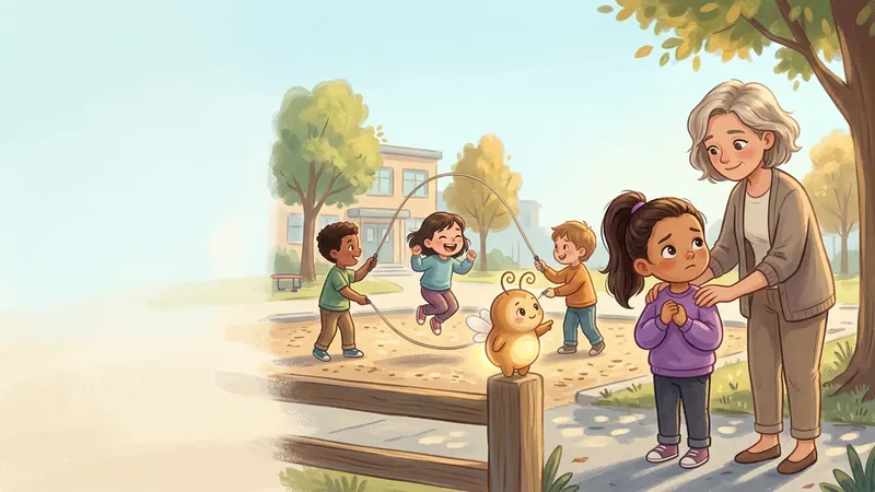 Illustration, made with AI: a girl and her mom stand at the edge of a playground watching two children turn a jump rope, and a glowing firefly on a fence post points toward the rope.