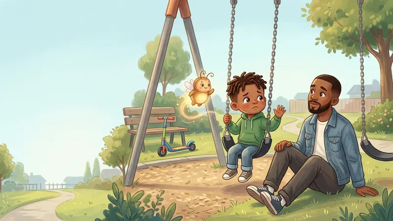 Illustration, made with AI: a boy sits on a swing with a sad face while his dad sits on the grass beside him, and a glowing firefly waves goodbye to the empty swing next to it.