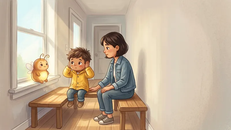 Illustration, made with AI: a small boy sits on a bench by a sunny window with his hands on his ears, his mom quietly beside him, and a glowing firefly sitting still on the windowsill.