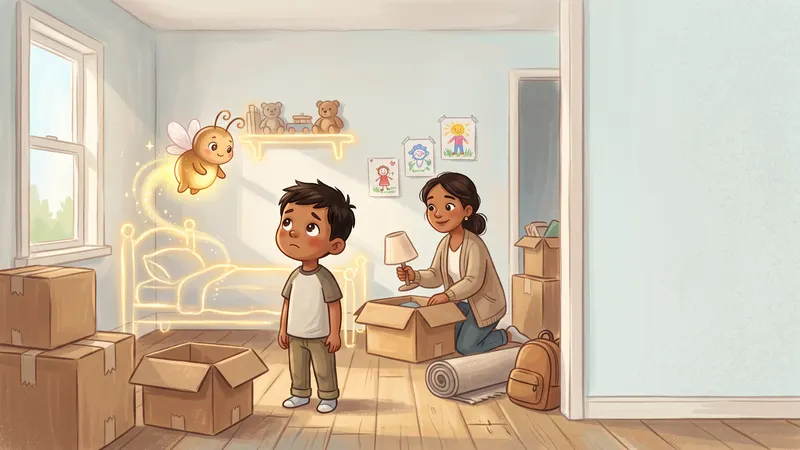 Illustration, made with AI: a boy stands in a new room among boxes while a grown-up unpacks a lamp and Zubby floats beside them.