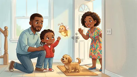 Illustration, made with AI: a girl half behind her dad's leg gives a small wave to her aunt, who waves back with a big smile, a small dog wags its tail, and a glowing firefly waves too.