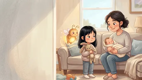 Illustration, made with AI: a girl holding a toy bunny stands by the sofa where her mom holds a new baby, with Zubby floating beside them.