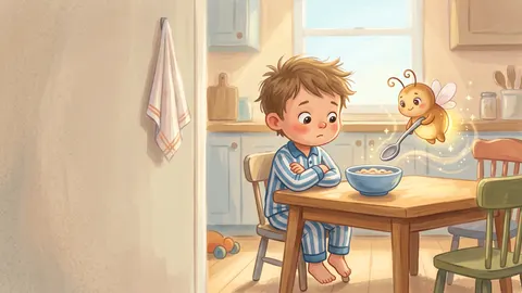 Illustration, made with AI: a boy in striped pajamas sits at the breakfast table with his arms folded while Zubby floats by with a spoon.