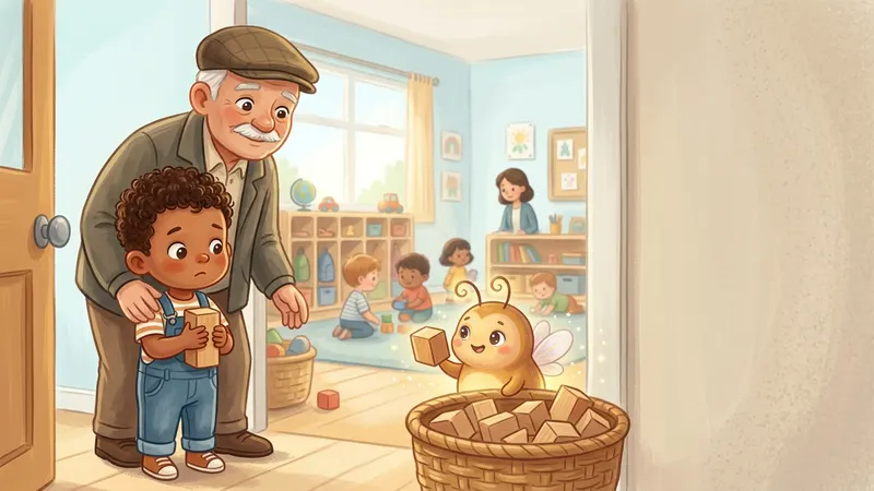 Illustration, made with AI: a boy holding one wooden block stands at the door of a big sunny preschool room with his grandpa, and a glowing firefly peeks over a basket of blocks holding up a matching one.