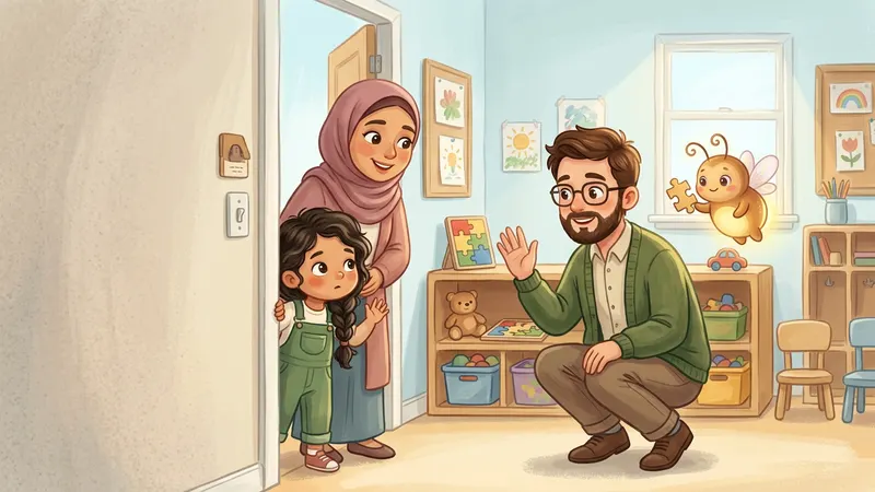 Illustration, faite avec l’IA : une fille à moitié cachée derrière sa maman lève une main pour un petit signe à la porte d’une maternelle pendant qu’une nouvelle maîtresse fait signe de quelques pas plus loin, et une luciole lumineuse brandit une pièce de puzzle comme un drapeau.