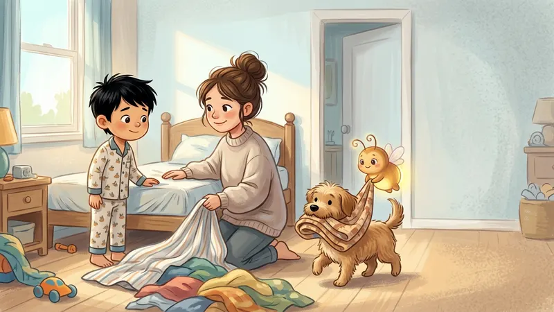 Illustration, made with AI: a boy in pajamas stands by his bed in the morning sun while his mom kneels beside him, and a small dog brings a dry blanket that a glowing firefly helps hold.