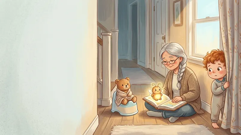 Illustration, made with AI: a boy peeks out from behind a curtain at a teddy bear sitting on a small potty while his grandma reads on the floor, and a glowing firefly lights the page of her book.