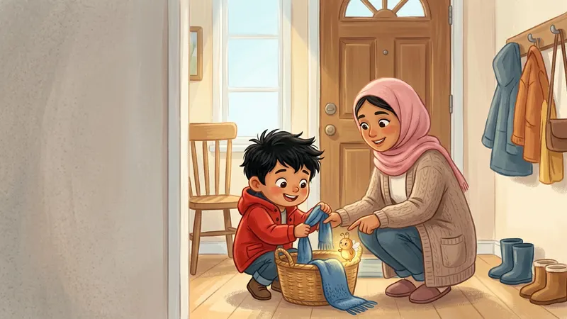 Illustration, made with AI: a boy in a red coat pulls his scarf from a basket by the front door while his mom smiles, and a glowing firefly sits on the basket's rim.
