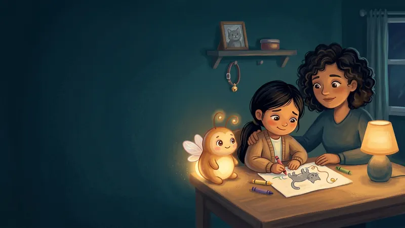 Illustration, made with AI: a girl draws a cat chasing a string while her mom sits close beside her, a framed photo and a collar with a bell on a shelf behind them, and a glowing firefly lights the drawing.