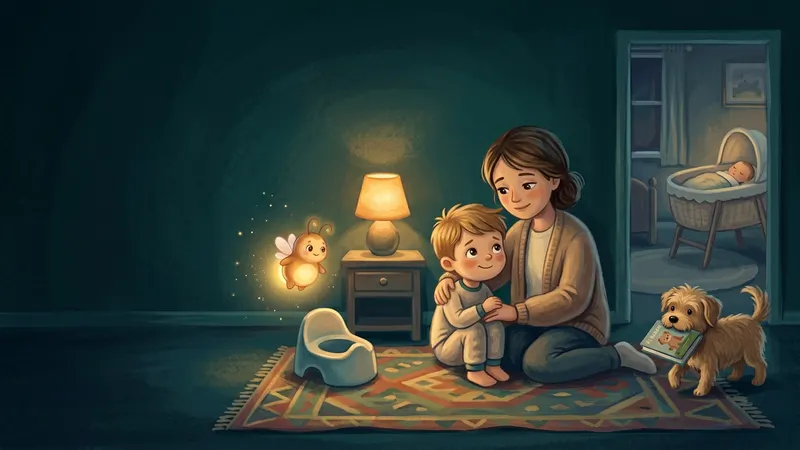 Illustration, made with AI: a boy sits close to his mom on a rug in the lamplight beside a small potty, a small dog brings a picture book, a baby's bassinet is visible in the next room, and a glowing firefly glows like a night-light.