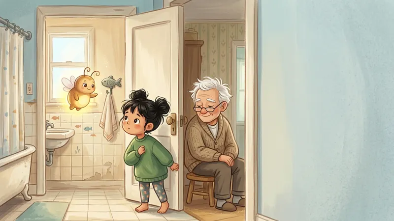Illustration, made with AI: a girl stands in the doorway of an old-fashioned bathroom at her grandpa's house while he sits on a stool outside the door, and a glowing firefly points at a fish-shaped towel hook.